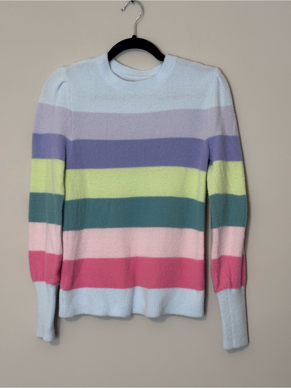 LOFT Pastel Rainbow Striped Puff Sleeve Sweater Women’s Small
